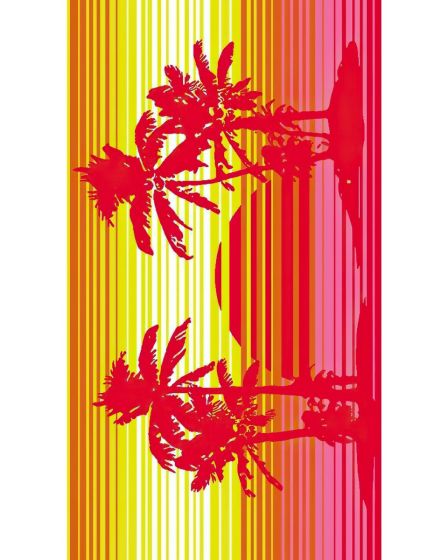 Plážová osuška MAXI PALM AND SUN, palmy, červeno-žlutá, froté, 100x180cm