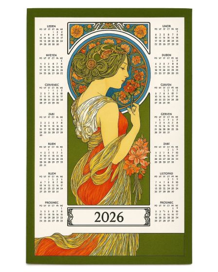 Textilní kalendář, utěrka ALFONS MUCHA 2026, zelený, 45x65cm, bez hůlky