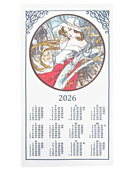 Textilní kalendář, utěrka ALFONS MUCHA PANNA 2026, bílý, 40x70cm, bez hůlky