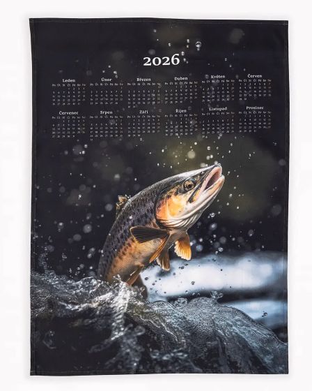 Textilní kalendář, utěrka PSTRUH 2026, šedo-zelený, 50x70cm, bez hůlky