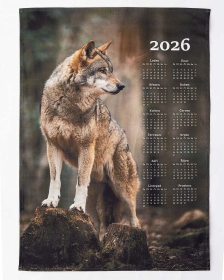 Textilní kalendář, utěrka VLK 2026, hnědo-zelený, 50x70cm, bez hůlky