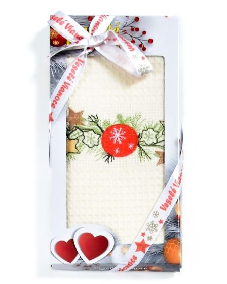 Utěrka KIARA VÁNOCE 14 vaflová vyšívaná, dárkové balení, baňka s vločkou na smetanové, 1 kus 50x70cm