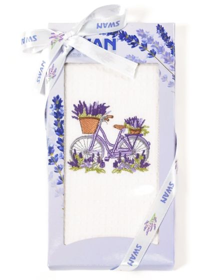 Utěrka SWAN 57 vaflová vyšívaná, dárkové balení, levandule a kolo na bílé, 1 kus 50x70cm