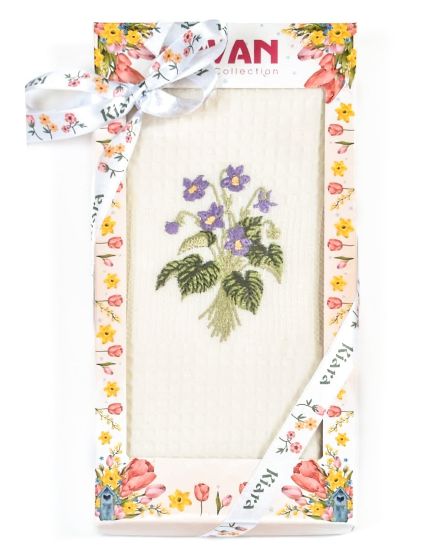 Utěrka SWAN 68 vaflová vyšívaná, dárkové balení, fialky na smetanové, 1 kus 50x70cm