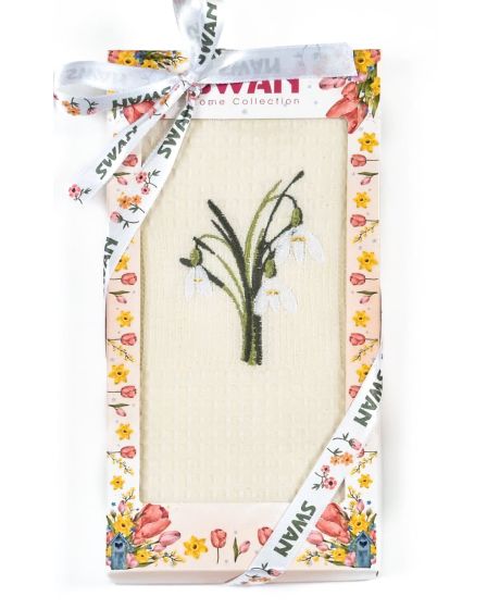 Utěrka SWAN 69 vaflová vyšívaná, dárkové balení, sněženky na smetanové, 1 kus 50x70cm