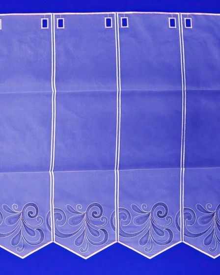 Voálová vitrážová záclona V409 vyšívaný černošedý ornament, s bordurou, bílá (více výšek, v metráži)