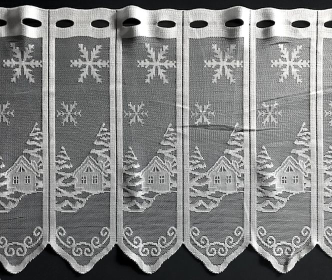 Žakárová vitrážová záclona ZIMNÍ CHALOUPKY 977, s bordurou, bílá, (více výšek, v metráži)