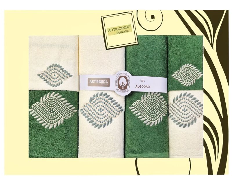 Dárkový set froté ručníků a osušek 160, 6-dílný, zelená a krémová s výšivkou 2x 30x50cm + 2x 50x90cm + 2x 70x140cm