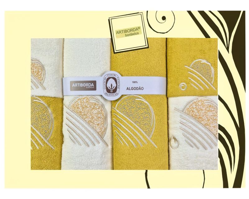 Dárkový set froté ručníků a osušek 169, 6-dílný, medová (okrová) a krémová s výšivkou 2x 30x50cm + 2x 50x90cm + 2x 70x140cm