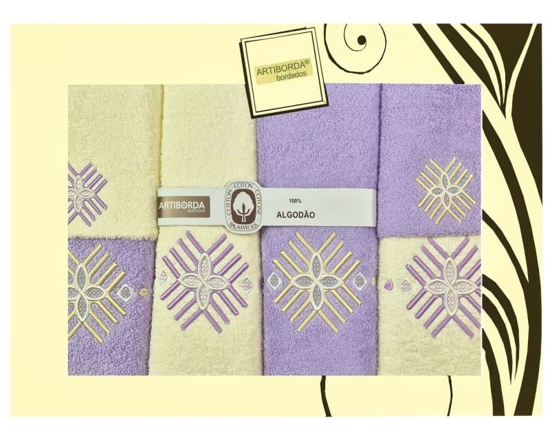 Dárkový set froté ručníků a osušek 188, 6-dílný, fialová a krémová s výšivkou 2x 30x50cm + 2x 50x90cm + 2x 70x140cm