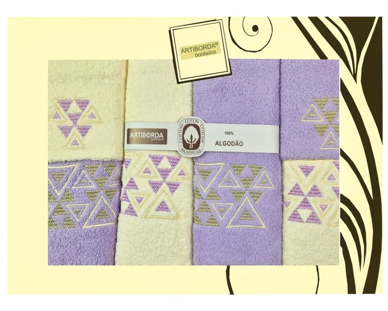 Dárkový set froté ručníků a osušek 189, 6-dílný, fialová a krémová s výšivkou 2x 30x50cm + 2x 50x90cm + 2x 70x140cm