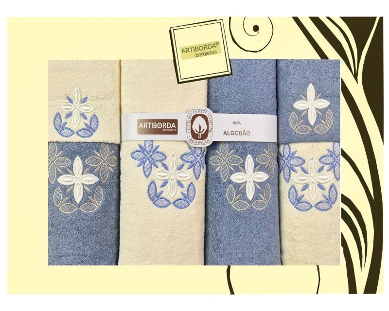 Dárkový set froté ručníků a osušek 193, 6-dílný, modrá a krémová s výšivkou 2x 30x50cm + 2x 50x90cm + 2x 70x140cm