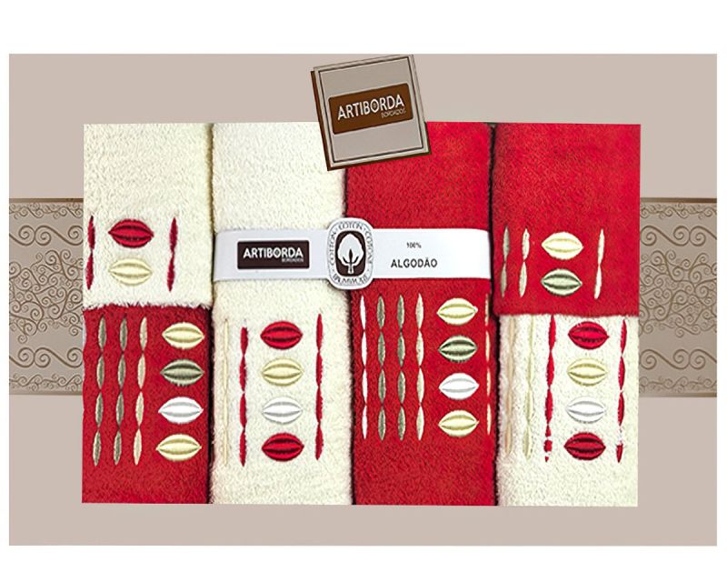 Dárkový set froté ručníků a osušek 55, 6-dílný, krémová a červená s výšivkou, 2x 30x50cm + 2x 50x90cm + 2x 70x140cm