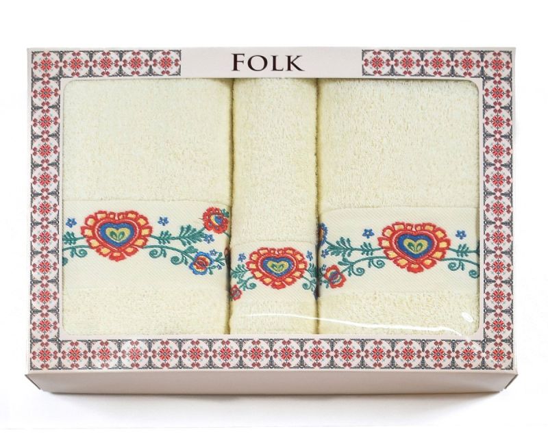 Dárkový set froté ručníků a osušek FOLK 02, 3-dílný, žlutý s výšivkou, 1x 30x50cm + 1x 50x100cm + 1x 70x140cm