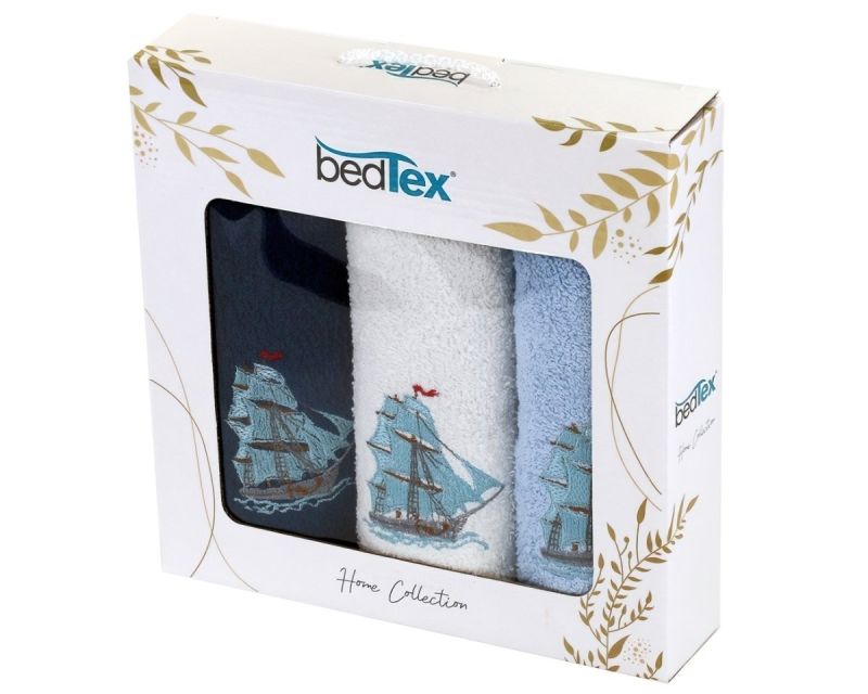 Dárkový set froté ručníků LODĚ, modrý s výšivkou, 30x50cm, 3ks