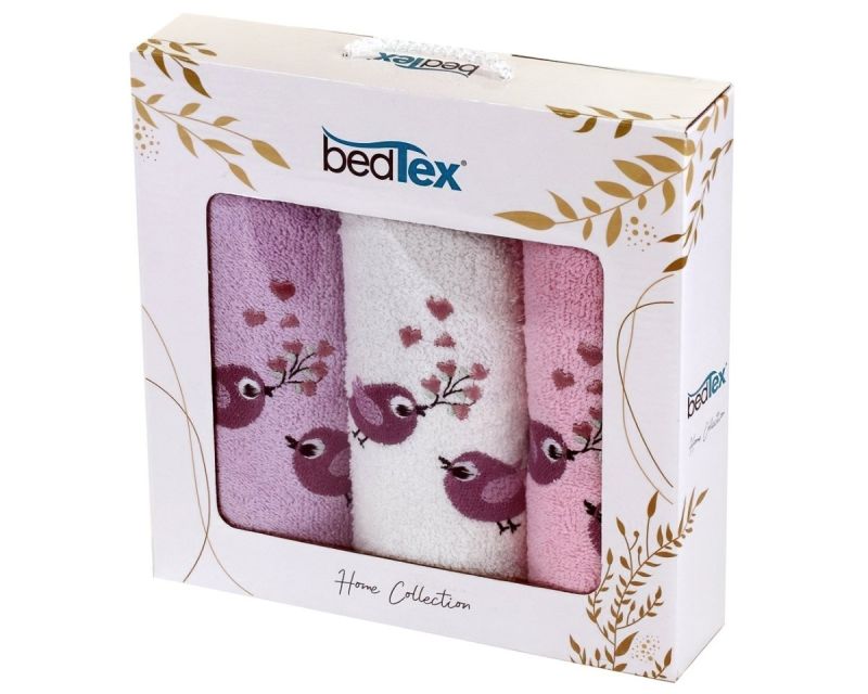 Dárkový set froté ručníků PTÁČCI, růžový s výšivkou, 30x50cm, 3ks