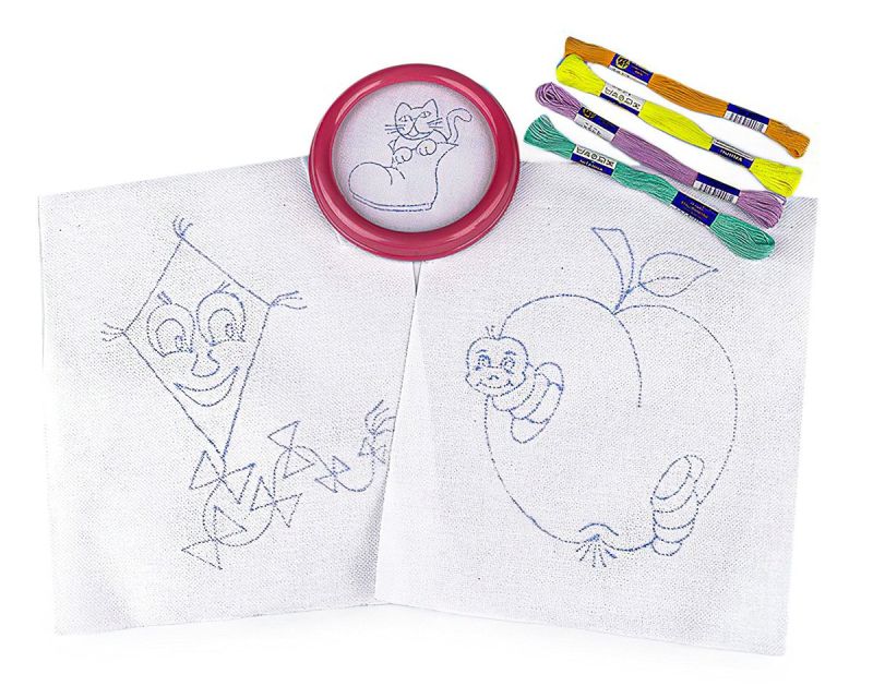 Dětská vyšívací sada s předtištěným motivem 380095/10, drak a jablko (rámeček, předtisk a příze)