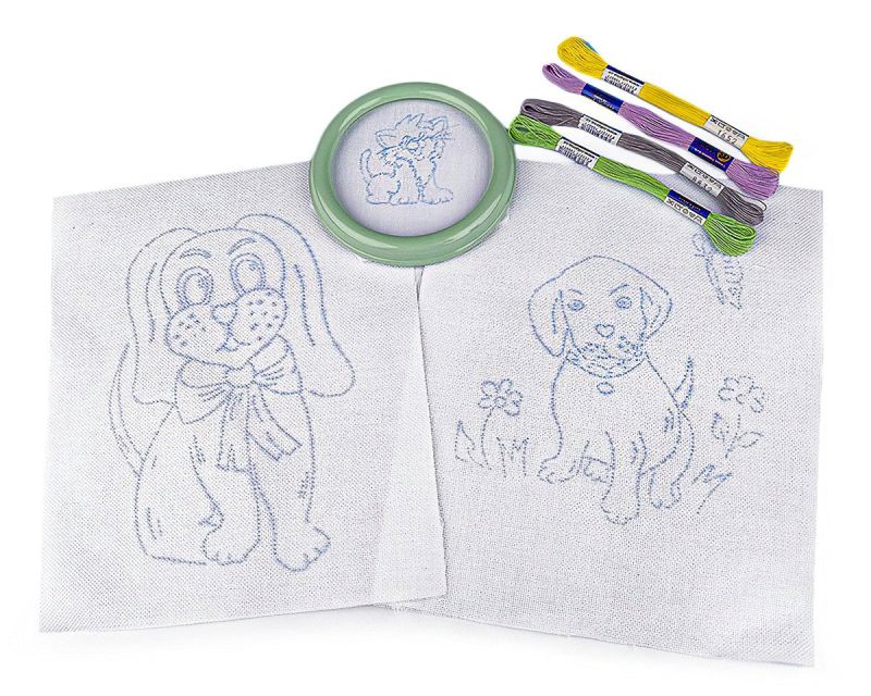 Dětská vyšívací sada s předtištěným motivem 380095/9, psi (rámeček, předtisk a příze)