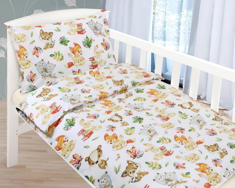 Dětské povlečení do postýlky LESNÍ ZVÍŘÁTKA, bílé, bavlna hladká, 90x135cm + 45x60cm