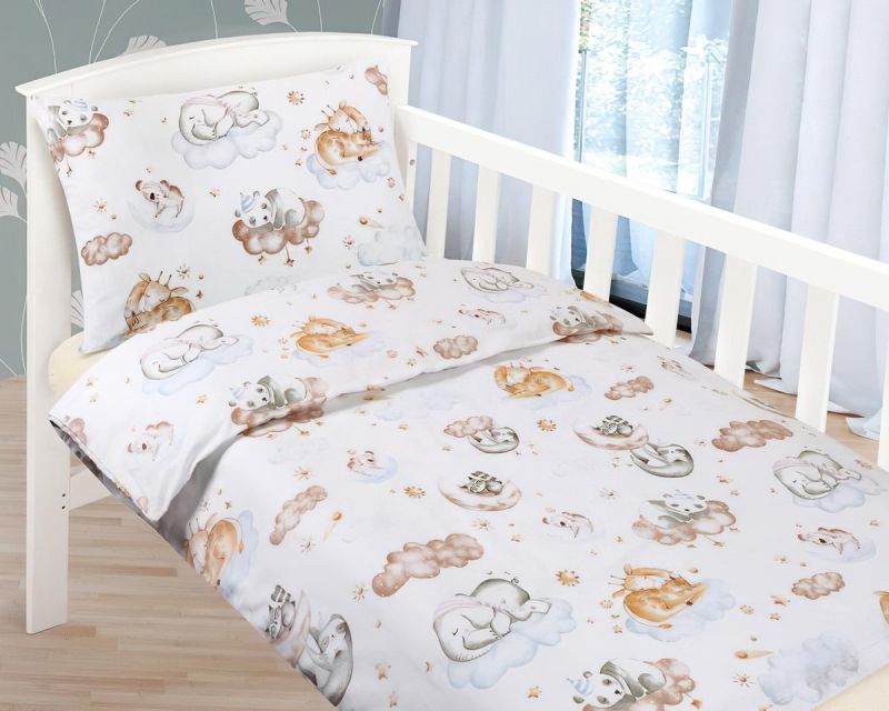 Dětské povlečení do postýlky ZVÍŘÁTKA NA OBLÁČKU, bílé, bavlna hladká, 90x135cm + 45x60cm