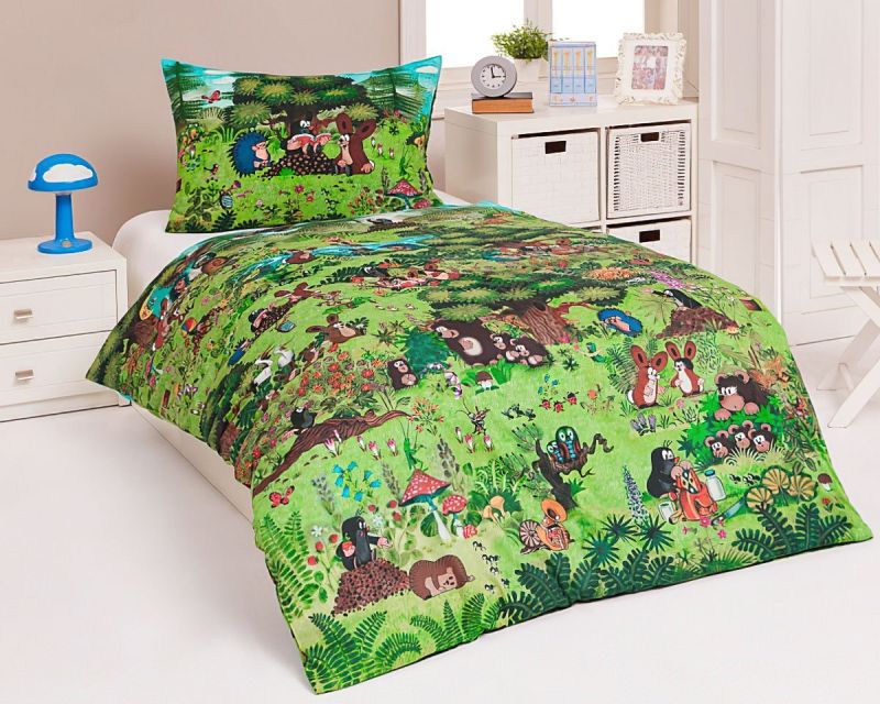 Dětské povlečení Matějovský KRTEK V LESE (Krteček), zelené, bavlna hladká, 140x200cm + 70x90cm