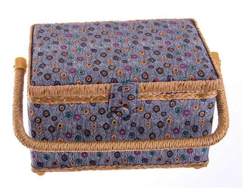 Kazeta / košík na šití, čalouněný 13 s výbavou, paví pera, fialová, 24 x 17,5 x 13cm