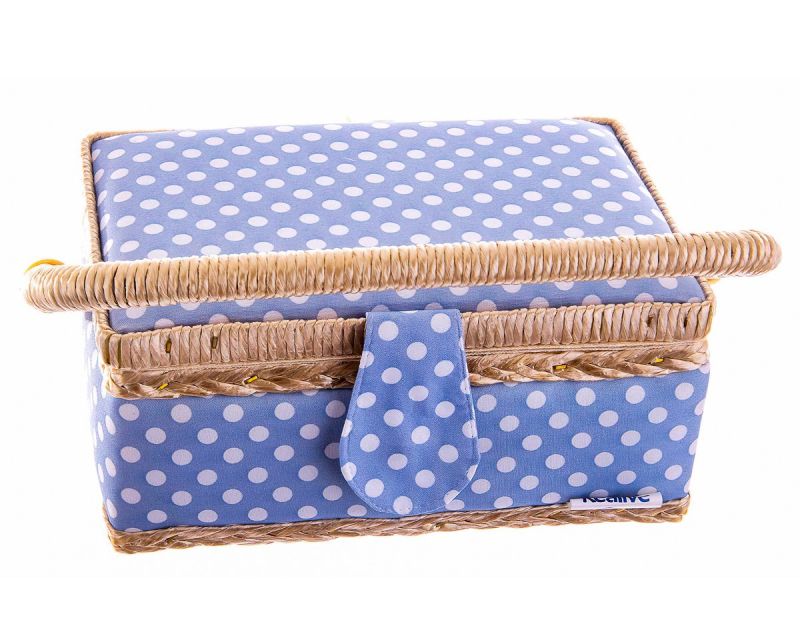 Kazeta / košík na šití, čalouněný 43, modrý puntík, 19 x 13 x 10cm