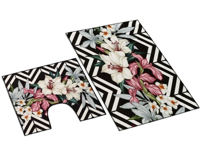 Koupelnová souprava 3D LILIE, růžovo-černá 100x60cm (předložka) + 60x50cm (na WC)