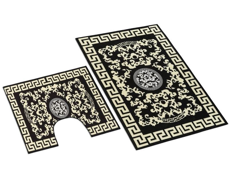 Koupelnová souprava 3D PERSIE, černo-zlatá 100x60cm (předložka) + 60x50cm (na WC)