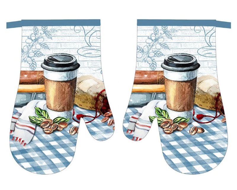 Kuchyňská chňapka F21A299 s magnetem, káva, modré káro 27x18cm - sada 2 kusy