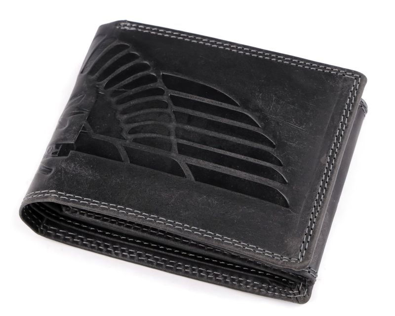 Pánská kožená motorkářská peněženka s RFID ochranou, 870349/28, černá-křídlo, matná 9,5 x 15 x 3,5 cm