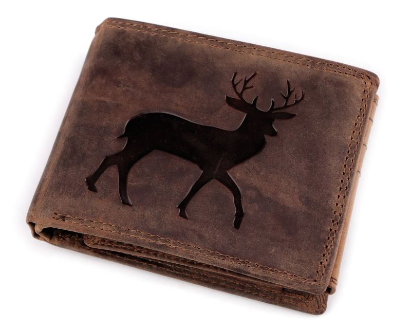 Pánská kožená myslivecká peněženka s RFID ochranou, 870349/17, hnědá - jelen, matná, 9,5 x 15 x 3,5 cm