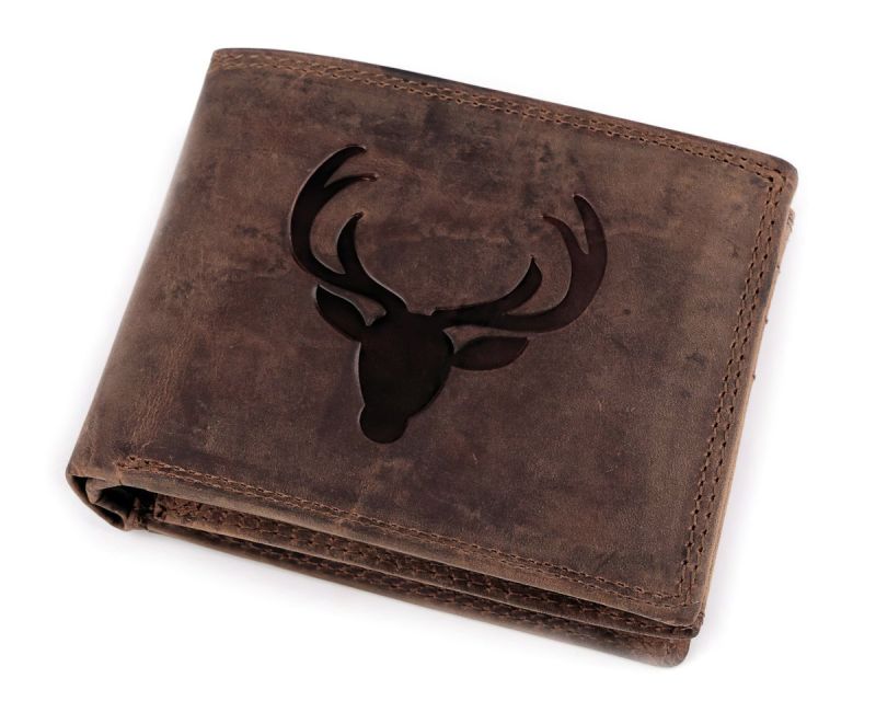 Pánská kožená myslivecká peněženka s RFID ochranou, 870349/20, hnědá - jelen, matná, 9,5 x 15 x 3,5 cm
