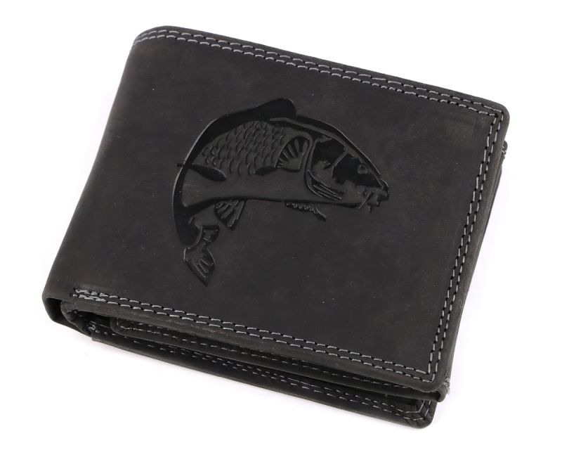 Pánská kožená rybářská peněženka s RFID ochranou, 870349/22, černá - ryba, matná, 9,5 x 15 x 3,5 cm