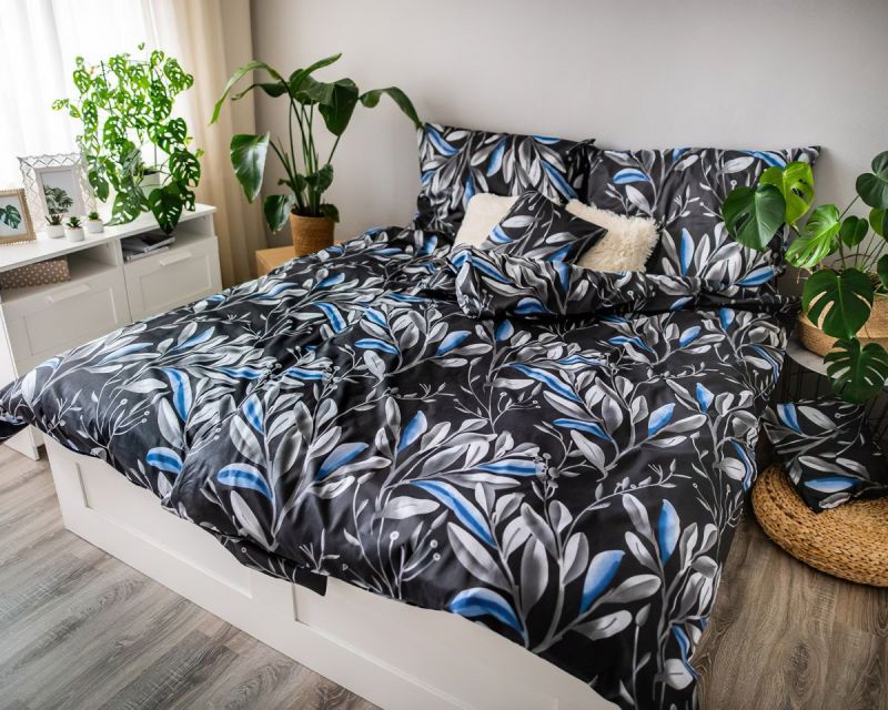 Povlečení EMA BLANCHE, modré listy na šedé, bavlněný satén, 140x200cm + 70x90cm 