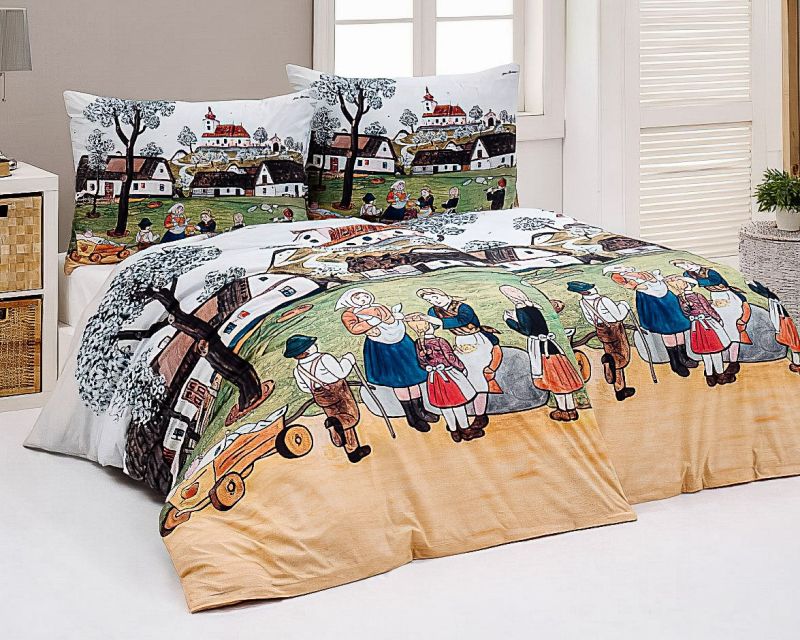 Povlečení Matějovský JOSEF LADA JARO NA VSI, zeleno-béžové, bavlna hladká digitál, 140x200cm + 70x90cm