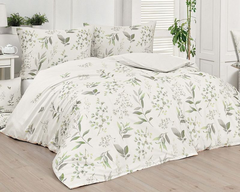 Povlečení Matějovský JASMINE zelené lístky na smetanové (více materiálů, rozměrů)