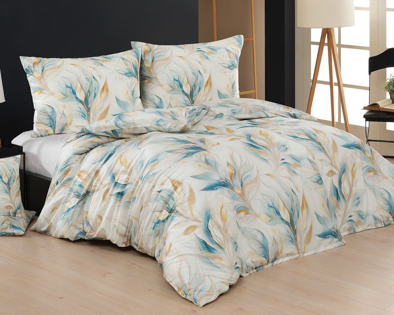 Povlečení Matějovský SYMPHONY, listy, modro-béžové, bavlněný MAKO satén, 140x200cm + 70x90cm