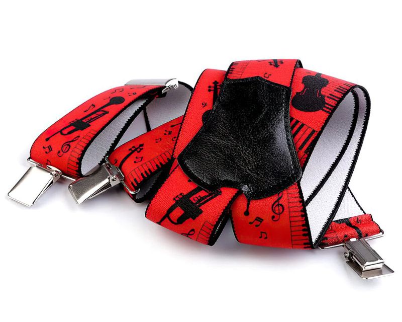 Šle unisex HUDEBNÍ - NOTY A NÁSTROJE, délka 120cm, šíře 4cm, tvar Y, červené, 650328/03