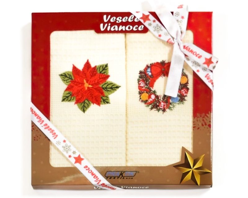 Utěrka KIARA VÁNOCE 59 vaflová vyšívaná, dárkové balení, věneček, vánoční růže na smetanové, 2 kusy 50x70cm