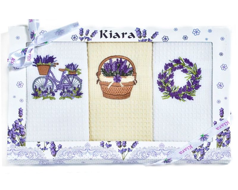 Utěrky KIARA 107 vaflové vyšívané, dárkové balení, levandule kolo košík věnec, smetanová a bílá, 3 kusy 50x70cm