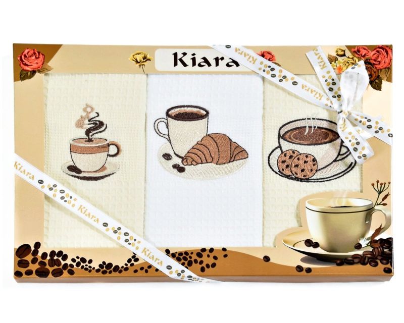 Utěrky KIARA 108 vaflové vyšívané, dárkové balení, káva a pečivo, bílá a smetanová, 3 kusy 50x70cm