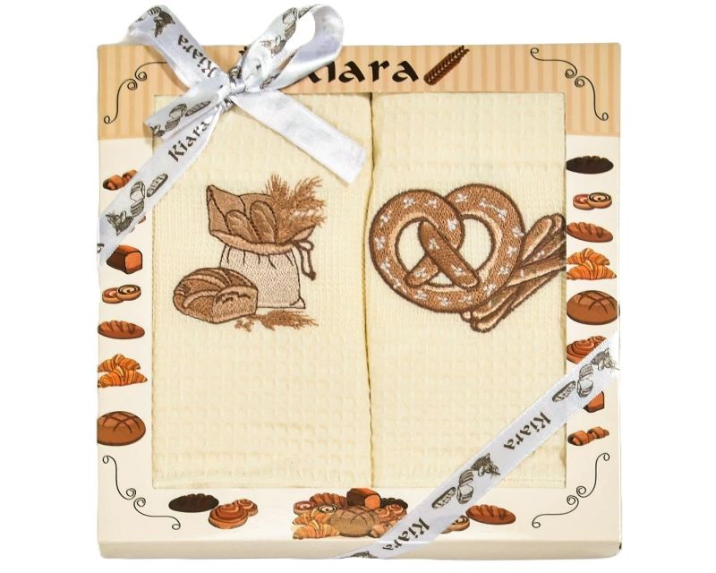 Utěrky KIARA 152 vaflové vyšívané, dárkové balení, pečivo a preclík na smetanové, 2 kusy 50x70cm