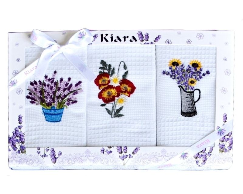 Utěrky KIARA 87 vaflové vyšívané, dárkové balení, květiny, bílá, 3 kusy 50x70cm