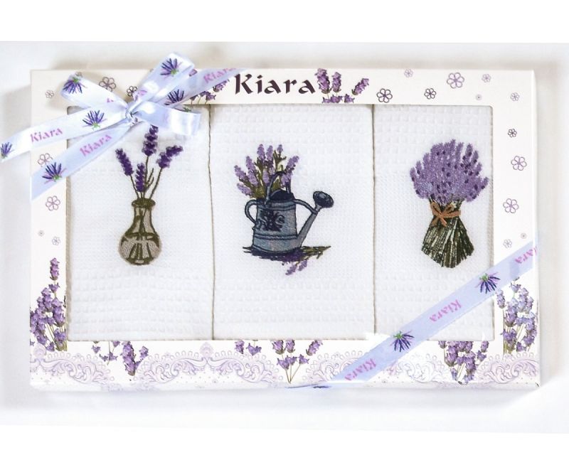 Utěrky KIARA 98 vaflové vyšívané, dárkové balení, levandule, bílá, 3 kusy 50x70cm