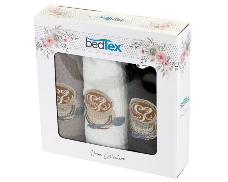 Utěrky vaflové / dárkové balení KÁVA S LÁSKOU, šedé s výšivkou, 3 kusy 40x60cm