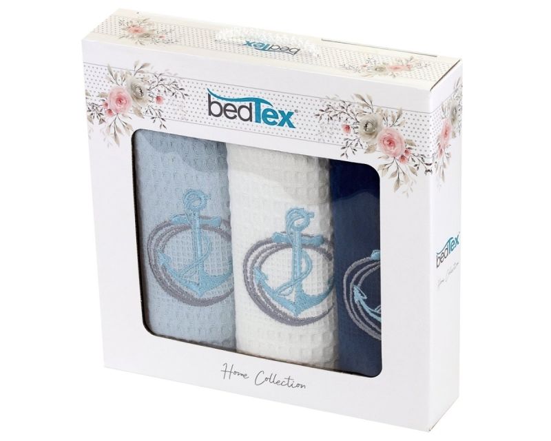 Utěrky vaflové / dárkové balení KOTVY, modré s výšivkou, 3 kusy 40x60cm