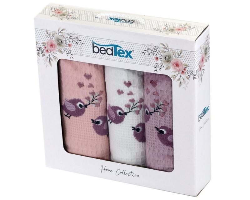 Utěrky vaflové / dárkové balení PTÁČCI, růžové s výšivkou, 3 kusy 40x60cm