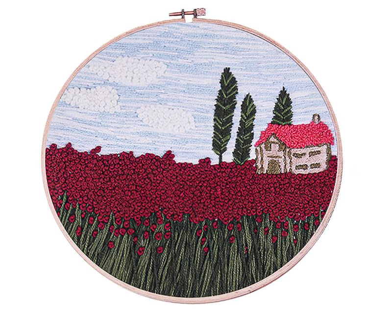 Vyšívací sada s předtištěným motivem 380731/2, vlčí máky s krajinou (rámeček, předtisk, jehly a příze), průměr 26,5cm