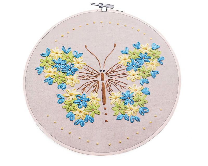Vyšívací sada s předtištěným motivem 380731/6, květinový motýl (rámeček, předtisk, jehly a příze), průměr 26,5cm